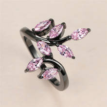 Anel de noivado feminino, anel de pedra de cristal rosa, luxuoso, 14k, preto, dourado, charmoso para mulheres, pingente de folha, de zircônia 2024 - compre barato