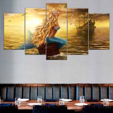 5 Panel Canvas Art Print Wall Art Boat Ship on Golden Sea Poster Beauty Mermaid Wall pictures for Kids Bedroom Decor 2024 - buy cheap