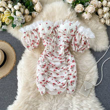 Женское плиссированное платье с воротником-лодочкой, облегающее платье мини с рукавами-фонариками и цветочным принтом на лето 2024 - купить недорого