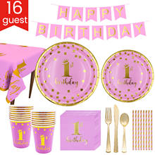 Utensílios de mesa descartáveis rosa de papel, talheres, copo, guardanapo, 1 ° aniversário, chá de bebê, decoração de festa, 151 2024 - compre barato