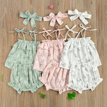 Conjunto de 3 peças de meninas, estampa floral, com babados, bainha, alça de ombro, faixa de cabelo, elástico, cintura, shorts 2024 - compre barato