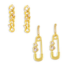 FLOLA Gold Vermeil Curb Link Chain Earrings For Women Crystal Heart Safety Pin Drop Earrings Dangle CZ Wholesale Jewelry ersw45 2024 - buy cheap