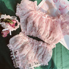 Conjunto de lencería Kawaii con estampado de flores y volantes para mujer, ropa de casa, pijama Sexy, sujetador de manga corta, Tops y pantalones cortos 2024 - compra barato