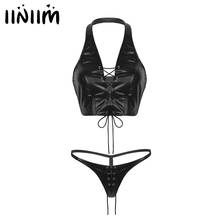 Iiniim-conjunto de lingerie erótica feminina, traje em couro, blusa curta com mini fio dental, calcinha noturna, látex sexy, roupa de balada 2024 - compre barato