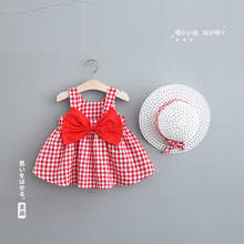 2021 New Summer Dress For Girls Bowknot Check Sling Summer Dress With Hat Girls Kids Costume Clothing 2024 - buy cheap