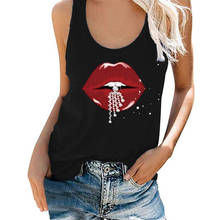 Camisetas sin mangas para mujer, camisola con estampado de labios rojos y perlas, Tops sin mangas con cuello redondo 2024 - compra barato