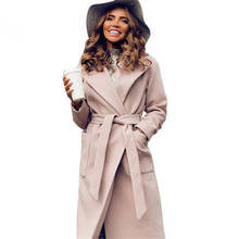 Элегантное длинное женское пальто с отворотом, 2 кармана, жакеты с ремешком, одноцветные пальто, женская верхняя одежда, женское осеннее зимнее теплое пальто 2024 - купить недорого