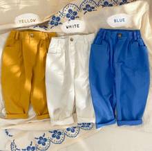 Crianças meninos meninas calças primavera verão denim algodão bolsos estilo solto crianças bege azul amarelo 2024 - compre barato
