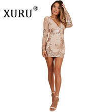 XURU-vestido sexy de lentejuelas con cuello en V, vestido de Otoño de manga larga, europeo y americano, novedad, para club nocturno 2024 - compra barato