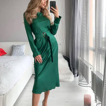 Solid Green Stain Women's Slim Dress Long Sleeve Tight Waist Sashes Mid-Calf Office Lady Dresses Elegant Streetwear 2021 Spring 2024 - buy cheap
