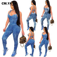 CM.YAYA Women Cut Out Fake Jeans Print Jumpsuit Sexy Sleeveless Skinny Active One piece Overall Bodycon Romper Outfit Playsuit 2024 - buy cheap