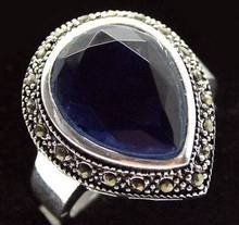 Frete grátis anel de prata esterlina 925 raro facetado 25*20mm cristal azul e marcate 9/10 tamanho 7/8/ 2024 - compre barato