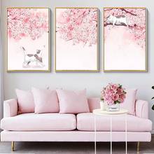 Pôster de impressão de arte de parede, estilo japonês, flor de cerejeira, tela de pintura, gato, rosa, posteres e impressões, sala de estar 2024 - compre barato