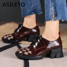 ASILETO New 2021 Ladies Pumps Square Toe 4cm Block Heels Genuine Leather Lace-Up Stylish Bling Student All-Match Casual B2301 2024 - buy cheap