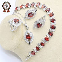 Conjunto de joyas de circonita roja y blanca para mujer, pulsera de boda, pendientes de aro, collar, colgante, anillo, caja de regalo para joyería 2024 - compra barato