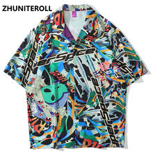 Estrangeiro graffiti impressão havaiano praia camisas hip hop botão camisa dos homens moda manga curta teachwear férias festa blusa topos 2024 - compre barato