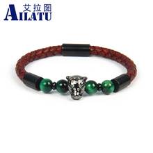 New Green Cz Eye Leopard Bracelets Stainless Steel Clasp 6mm Cowhide Leather Panther Bracelet Drop Shipping 2024 - buy cheap