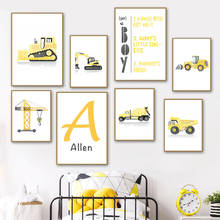 Personalize o nome do menino cartaz veículos de construção do berçário arte da parede pintura da lona carros caminhões quadros de parede decoração do quarto dos meninos 2024 - compre barato