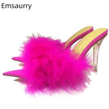 Sexy Candy Color Gladiator Sandals Women Pointed Toe Open Toe Luxury Feather Fur Clear Transparent Thin High Heel Summer Shoes 2024 - buy cheap