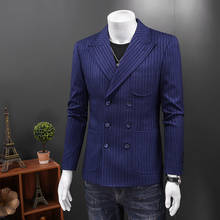 Inglaterra estilo Blazer azul oscuro a rayas Hombre Blazers con estilo para hombres doble Breasted chaqueta de Hombre Terno Masculino Slim Q200 2024 - compra barato