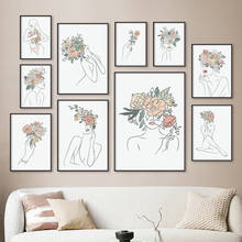 Pintura en lienzo de arte de pared corporal de chica con línea de flores, carteles nórdicos minimalistas en blanco y negro e impresiones, imágenes de pared para sala de estar 2024 - compra barato