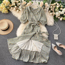 summer 2020 New Fashion Women's Elegant Dress Vintage Bubble sleeves V-neck dress High Waist Slim Sweet Floral Ladies long Dress 2024 - buy cheap