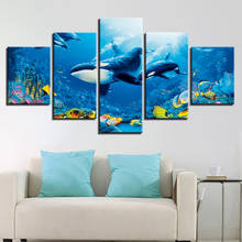 Hd impressão da arte em tela pintura para sala de estar decoração da parede 5 peças azul oceano assassino baleia mar com pequenos peixes 2024 - compre barato