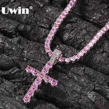 Colar de tênis moda uwin 4mm rosa cz, corrente com pingente de cruz, zircônia cúbica cravejada completa, presente de joia hip-hop feminina 2024 - compre barato