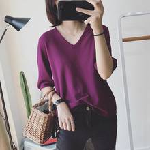 Spring summer V-neck cotton knitted T-shirts Women tees fashion loose basic all-match T-shirt ladies female casual tops 2024 - buy cheap