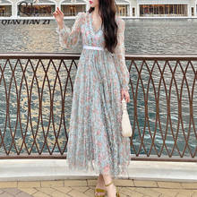 Qian Han Zi summer designer high-end custom runway Maxi dress Women long sleeves Mesh print Fungus Elegant fashion Long dress 2024 - buy cheap