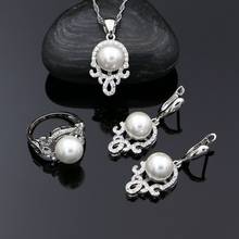 Conjuntos de joias de prata 925 para mulheres, pérolas brancas, zircônia cúbica, pingente de anel, colar, brincos, acessórios de festa 2024 - compre barato