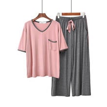 Two Piece Pyjamas Sets Womens Modal Short-sleeved Pajamas Korean Loose Sleepwear 2020 Summer Nine-point Pants Wear-out Home Wear 2024 - buy cheap