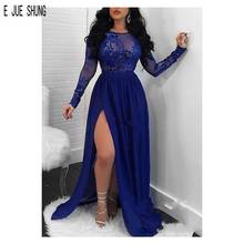 E JUE SHUNG Modern Evening Dresses O Neck Keyhole Back Long Sleeve High Split Royal Blue Chiffon Prom Gowns Vestidos De Fiesta 2024 - buy cheap