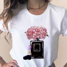 Camiseta de manga corta con botella de Perfume de flores para mujer, ropa estampada para chica, envío directo 2024 - compra barato