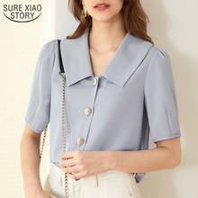 Однотонная Свободная Женская блузка, блузы с коротким рукавом, шифоновая блузка, новый тонкий однобортный Топ, Женская офисная одежда 10287 2024 - купить недорого