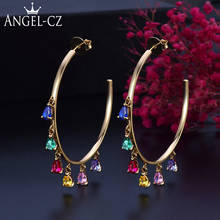 Angcz grande aro de ouro com gota de água colorida, pingente de cristal cz, boêmio, grandes brincos redondos para mulheres, joias femininas ae25. 2024 - compre barato