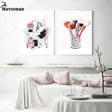 Pintura artística de pared de chica rosa sobre lienzo, pósteres e impresiones de pincel de maquillaje de moda, imágenes de pared para sala de estar y tienda, póster para decoración del hogar 2024 - compra barato