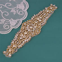 Strass faixa de noiva ouro cristal strass aplique de mão frisado costura em guarnição para vestidos de casamento 2024 - compre barato