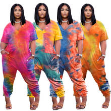 Elegant Tie-Dyed One Piece Outfit Women Sexy V Neck Short Sleeves Pocket Fashion Summer Loose Jumpsuits Wholesale Dropshipping 2024 - buy cheap