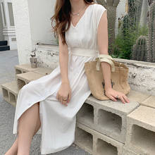 Korean Summer Dress Women Solid Cotton Simple V-neck High Waist Sleeveless Dress Casual Temperament Female Dresses Vestido 14021 2024 - buy cheap