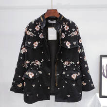 Jaqueta feminina de algodão casual, casaco bomber com bordado e flores, sobretudo 2024 - compre barato