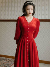Vestido retrô vermelho de veludo feminino, vestido slim com manga lanterna e decote em v, tamanho médio para mulheres 2024 - compre barato