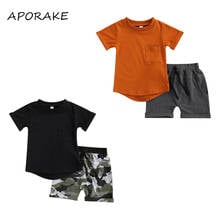 2021 0-4y criativos crianças meninos roupas gola redonda manga curta bolso superior + camuflagem impressão/cor sólida shorts conjunto 2024 - compre barato