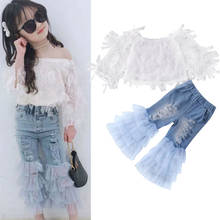 2PCS Toddler Kids Baby Girl Lace Tops T-Shirt Ruffle Hole Denim Pants Outfits Set Clothes Summer Girls Clothing 2024 - buy cheap