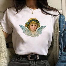 Женская хлопковая футболка с коротким рукавом, белая футболка оверсайз с графическим принтом ангела в Корейском стиле, уличная одежда для лета 2024 - купить недорого
