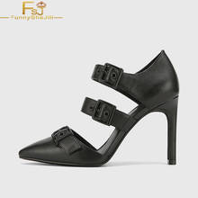 Black Stilettos Women Pumps High Thin Heels Pointed Toe Three Buckle Strap Large Size 13 16 Ladies Summer New Mature Shoes FSJ 2024 - buy cheap