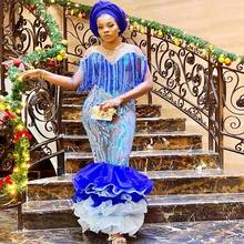 Royal Blue Tassels Mermaid Eveing Dresses Aso Ebi Beads Illusion Prom Dress Plus Size Tiered Appliques African Party Vestidos 2024 - buy cheap