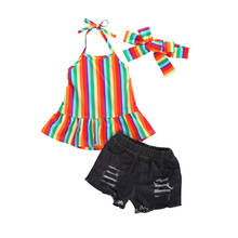 Conjuntos de pantalones cortos vaqueros para niñas pequeñas, camiseta sin mangas a rayas de arcoíris, Tops Hipster, pantalones vaqueros, conjunto de ropa de verano 2024 - compra barato