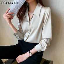 Bgteever blusa feminina de cetim, camisa para mulheres solta com decote em v e manga longa, para primavera de 2021, elegante e chique 2024 - compre barato