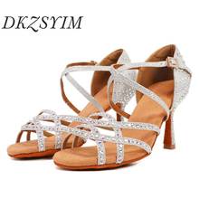 DKZSYIM Latin Dance Shoes Women Rhinestone Salsa Glitter Ballroom Sandals Party Dance Shoes Flare Heel 6-10cm gold silver black 2022 - buy cheap